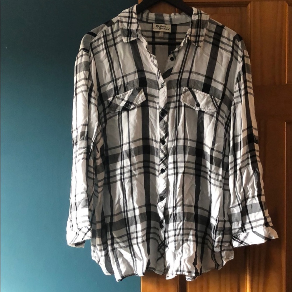 Black and white plaid button down shirt.